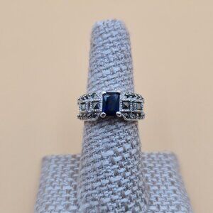 Size 6.75 Sterling Silver Blue Cubic Zirconia With Marcasite's Ring A4636
